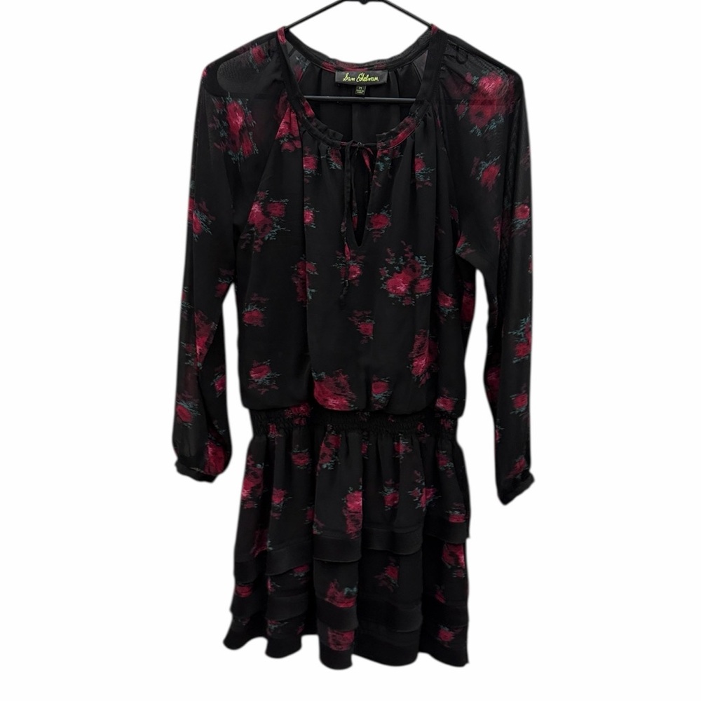 Sam Edelman Floral Chiffon Tiered Mini Dress Black Pink Womens Medium - Picture 6 of 9